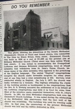 Hamburg Item Article about the former Methodist Church at 3rd and Island St when it was badly wrecked in a 1877 tornado. It would retain some of its damage until 1914 when the present Methodist church was laid.