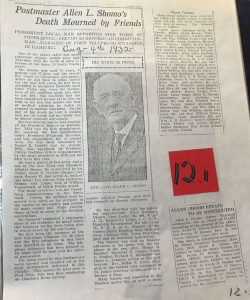 Obituary for Allen L Shomo, postmaster, Republican committee member, and manager of the first telephone exchange in Hamburg