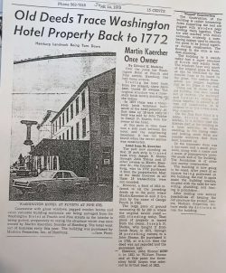 1973 article about the Washington Hotel property and its roots as far back as 1772