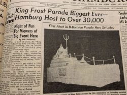 An article about the King Frost Parade revival with over 30K attendees, one of its biggest years king frost parade news article from 1964 with photo of king frost