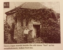 This six sided windowless building, still standing today, probably served as a powder magazine during the Revolutionary War. It sits to the rear of the Indian Fort Inn Restaurant, which was once the home of Valentine Wagner who built and operated a mill in the late 1700s along the stream.